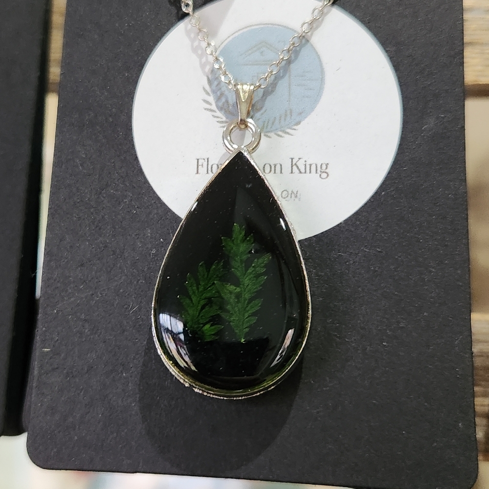 Fern in black resin handmade necklace on 18 inch plated silver tone chain